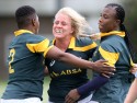 Rachelle Geldenhuys celebrates scoring a try with Thantaswa Macingwane and Lamla Momoti. Nomads v South Africa, Twyford Avenue, London, England on 1st July 2014, ko 1400