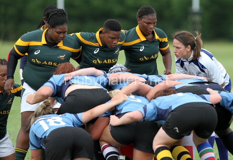 Referee Alhambra Nievas sets the players for a scrum. Nomads v South Africa, Twyford Avenue, London, England on 1st July 2014, ko 1400