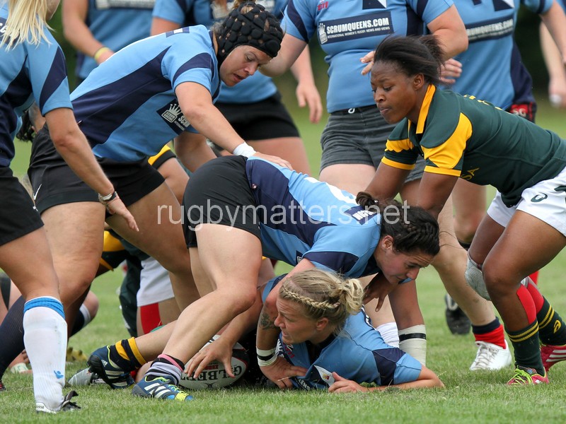 Claire Phelps presents the ball from a ruck. Nomads v South Africa, Twyford Avenue, London, England on 1st July 2014, ko 1400
