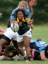 Fundiswa Plaatjies tackled into touch by Amy Garnett. Nomads v South Africa, Twyford Avenue, London, England on 1st July 2014, ko 1400