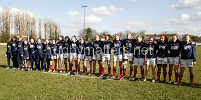 France during the Anthems. U20 England Women v U20 France Women at Esher Rugby Club, Moseley, England on 22nd February 2014 ko 1400