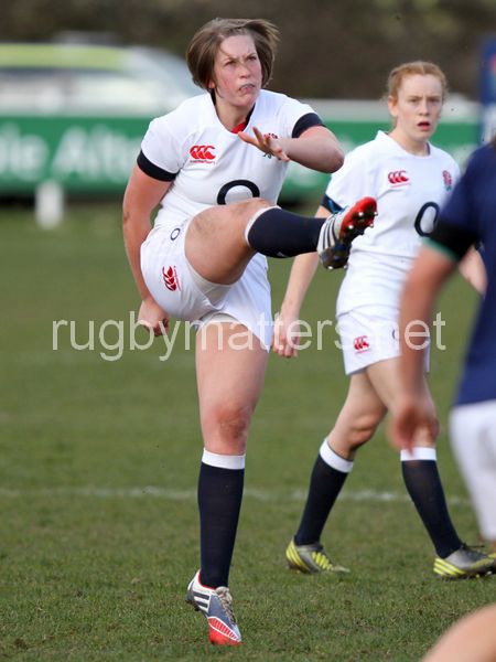 Meg Goddard in action. U20 England Women v U20 France Women at Esher Rugby Club, Moseley, England on 22nd February 2014 ko 1400