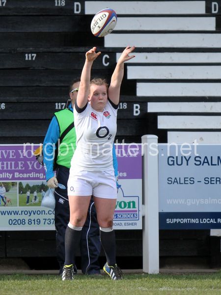 Lark Davies throws into a lineout. U20 England Women v U20 France Women at Esher Rugby Club, Moseley, England on 22nd February 2014 ko 1400