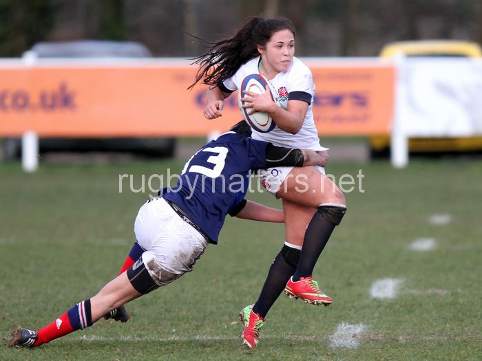 Sydney Gregson in action. U20 England Women v U20 France Women at Esher Rugby Club, Moseley, England on 22nd February 2014 ko 1400