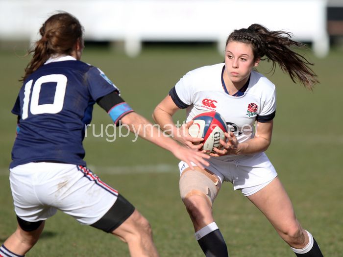Abbie Brown in action. U20 England Women v U20 France Women at Esher Rugby Club, Moseley, England on 22nd February 2014 ko 1400