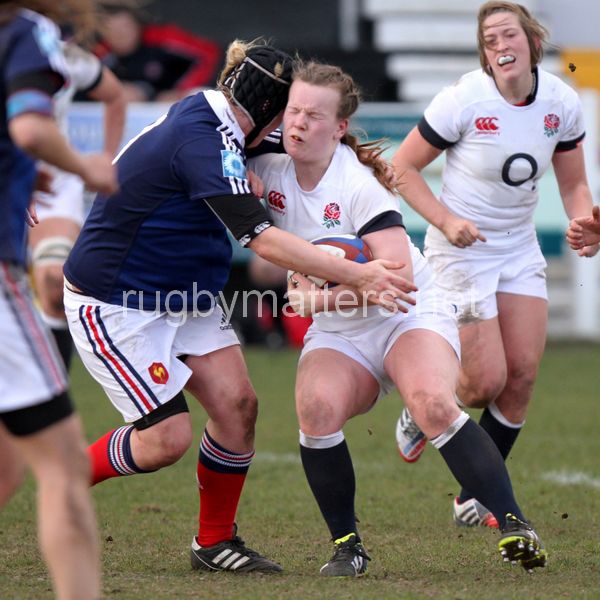 Lark Davies in action. U20 England Women v U20 France Women at Esher Rugby Club, Moseley, England on 22nd February 2014 ko 1400