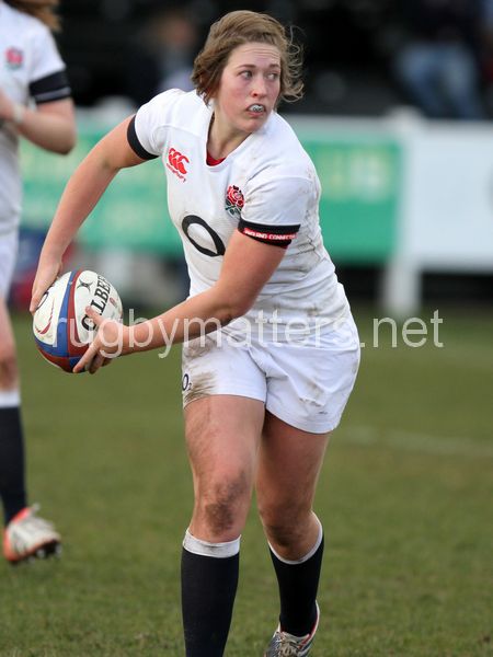 Meg Goddard in action. U20 England Women v U20 France Women at Esher Rugby Club, Moseley, England on 22nd February 2014 ko 1400