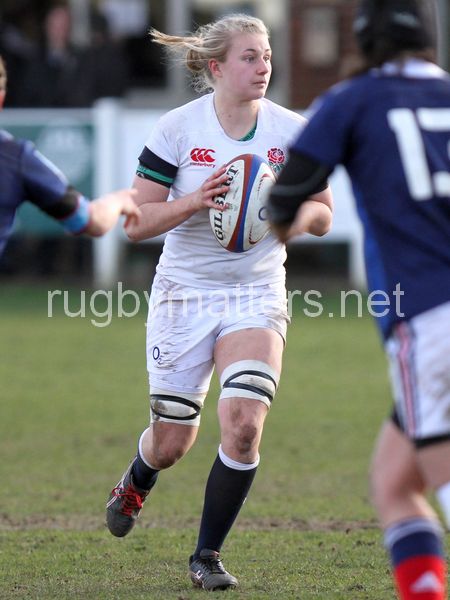 Amy Wigley in action. U20 England Women v U20 France Women at Esher Rugby Club, Moseley, England on 22nd February 2014 ko 1400