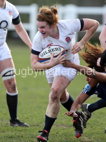 Jo Brown in action. U20 England Women v U20 France Women at Esher Rugby Club, Moseley, England on 22nd February 2014 ko 1400