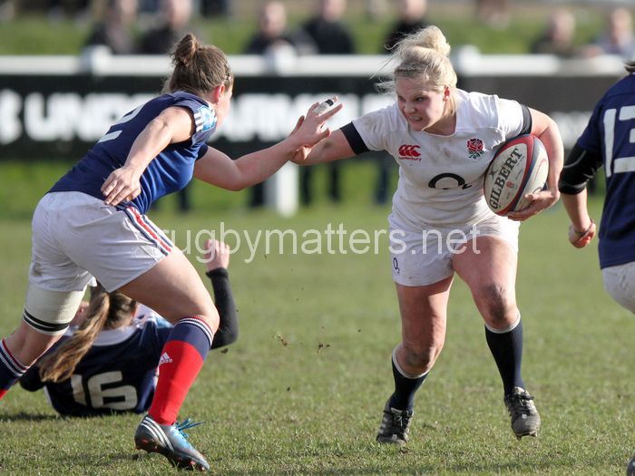 Lauren Chenoweth in action. U20 England Women v U20 France Women at Esher Rugby Club, Moseley, England on 22nd February 2014 ko 1400