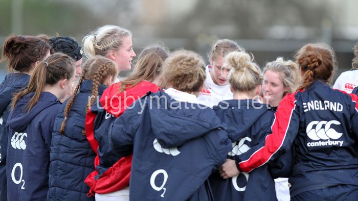 Courtney Gill talks with the team after the match. U20 England Women v U20 France Women at Esher Rugby Club, Moseley, England on 22nd February 2014 ko 1400