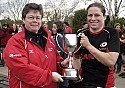 Carol Isherwood presents Premiership Cup to Amy Garnett captain of Saracens