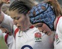 Emma Layland and Laura Keates preparing for scrum