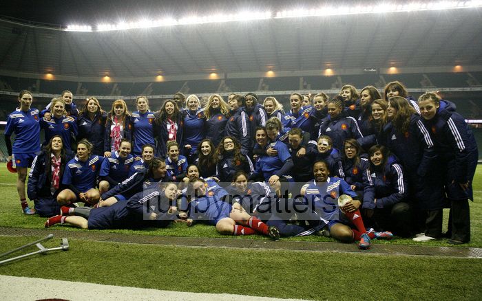 The Senior French team and the U20 team pose for a joint picture to celebrate their double victory over England on the same day. England Women v France Women at Twickenham, London. 23rd February 2013, KO 1920.