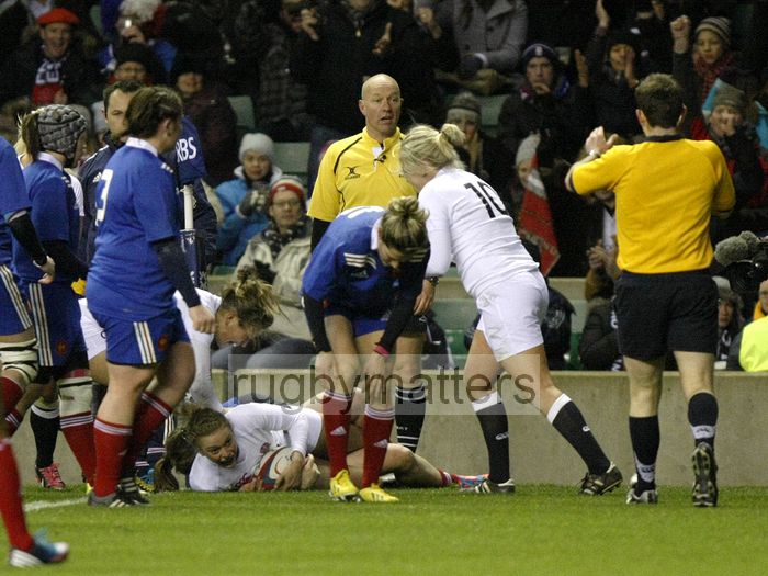 Kay Wilson smiles as she looks up to see the referee about to confirm she scored a try. England Women v France Women at Twickenham, London. 23rd February 2013, KO 1920.