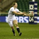 Hannah Gallagher passes the ball out wide. England Women v France Women at Twickenham, London. 23rd February 2013, KO 1920.