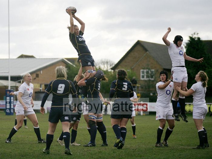 Lindsay Wheeler wins clean ball in a lineout. England Women v Scotland Women at Esher RFC on 2nd February 2013.
