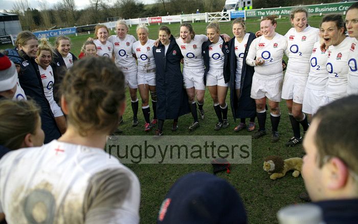 Post match huddle, what on earth was being said? England Women v Scotland Women at Esher RFC on 2nd February 2013.