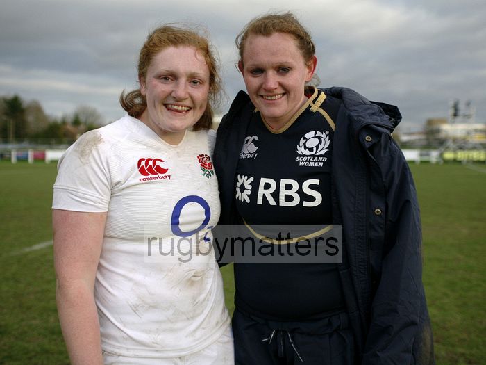 Sisters Harriet Millar-Mills and Bridget Millar-Mills after the final whistle. England Women v Scotland Women at Esher RFC on 2nd February 2013.