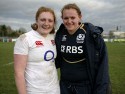 Sisters Harriet Millar-Mills and Bridget Millar-Mills after the final whistle. England Women v Scotland Women at Esher RFC on 2nd February 2013.