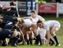 Roz Crowley, Sarah Hunter and Jo McGilchrist prepare for a scrum. England Women v Scotland Women at Esher RFC on 2nd February 2013.