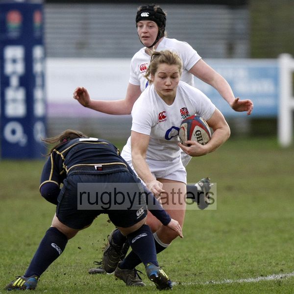 Roz Crowley with Tracey Balmer tackling. England Women v Scotland Women at Esher RFC on 2nd February 2013.