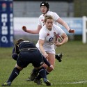 Roz Crowley with Tracey Balmer tackling. England Women v Scotland Women at Esher RFC on 2nd February 2013.