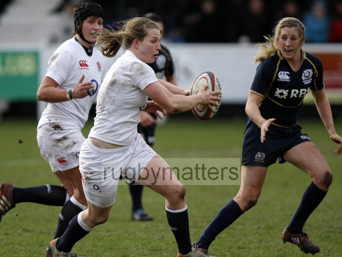 Hannah Gallagher running in before she scored a try. England Women v Scotland Women at Esher RFC on 2nd February 2013.