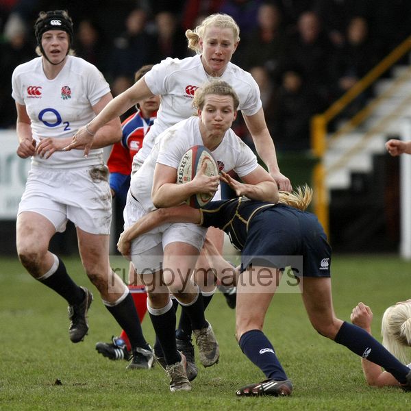 Hannah Gallagher tackled. England Women v Scotland Women at Esher RFC on 2nd February 2013.