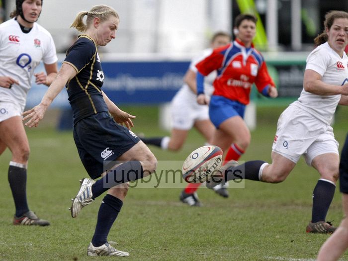 Stephanie Johnston kicks for territory. England Women v Scotland Women at Esher RFC on 2nd February 2013.