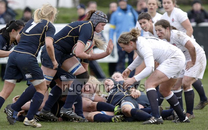 Bridget Millar-Mills picks the ball up from the back of a ruck. England Women v Scotland Women at Esher RFC on 2nd February 2013.