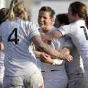 Team mates celebrate and congratulate Abi Chamberlain on scoring a try. England Women v Scotland Women at Esher RFC on 2nd February 2013.