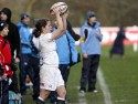 Emma Croker takes a lieout throw. England Women v Scotland Women at Esher RFC on 2nd February 2013.