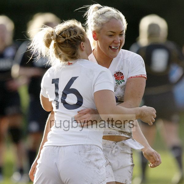 Sally Tuson celebrates her try with Victoria Fleetwood. England Women v Scotland Women at Esher RFC on 2nd February 2013.