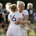 Sally Tuson celebrates her try with Victoria Fleetwood. England Women v Scotland Women at Esher RFC on 2nd February 2013.