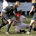 Harriet Millar-Mills tackled by Lindsay Wheeler. England Women v Scotland Women at Esher RFC on 2nd February 2013.