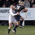 Stephanie Johnston tackled by Fiona Pocock. England Women v Scotland Women at Esher RFC on 2nd February 2013.