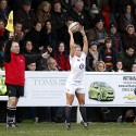 Victoria Fleetwood takes a lineout throw. England Women v Scotland Women at Esher RFC on 2nd February 2013.