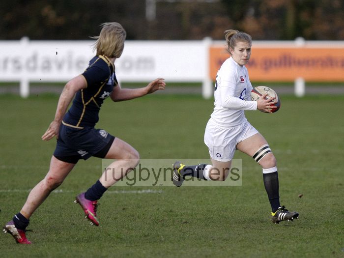 Fiona Pocock in action.England Women v Scotland Women at Esher RFC on 2nd February 2013.