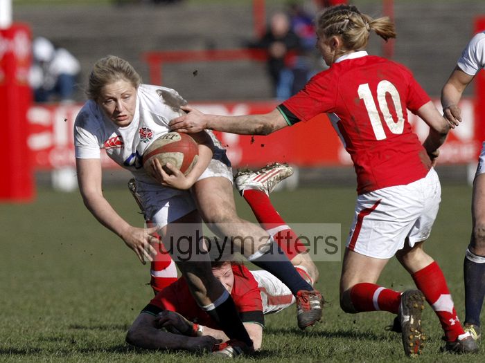 Ceri Large tackled by Rachel Taylor and Elinor Snowsill. Wales Women v England Women at Talbot Athletic Ground, Manor Street, Port Talbot, West Glamorgan, Wales on 17th March 2013 KO 1430