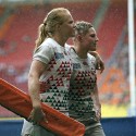 Michaela Staniford and Heather Fisher leave the pitch after losing the Plate Final. IRB RWC 7s at Luzhniki Stadium, Moscow, 30th June 2013