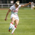 Alice Richardson takes a conversion kick for England against France. IRB RWC 7s at Luzhniki Stadium, Moscow, 29th June 2013