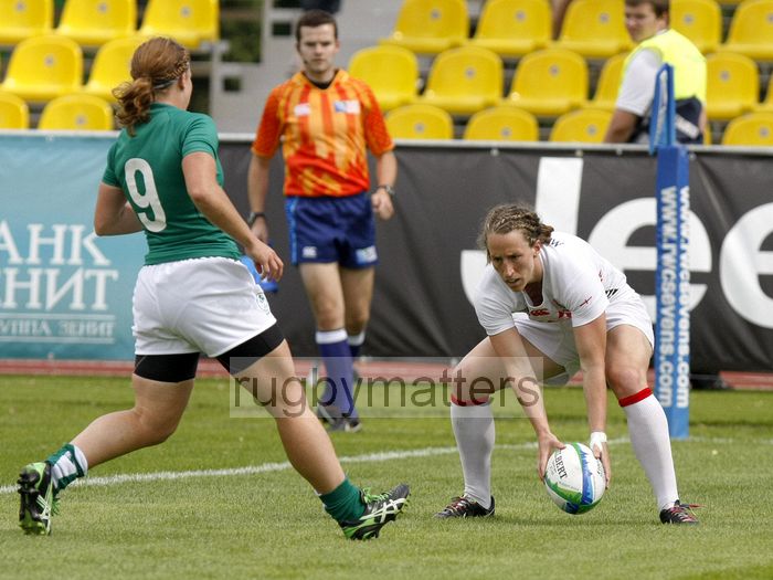 Kat Merchant crosses the line to score a try for England in the Plate Semi Final against Ireland. IRB RWC 7s at Luzhniki Stadium, Moscow, 30th June 2013
