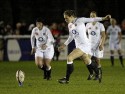 Emily Scarratt takes a penalty kick. England v New Zealand in Autumn International Series at Army Rugby Stadium, Aldershot, 27th November