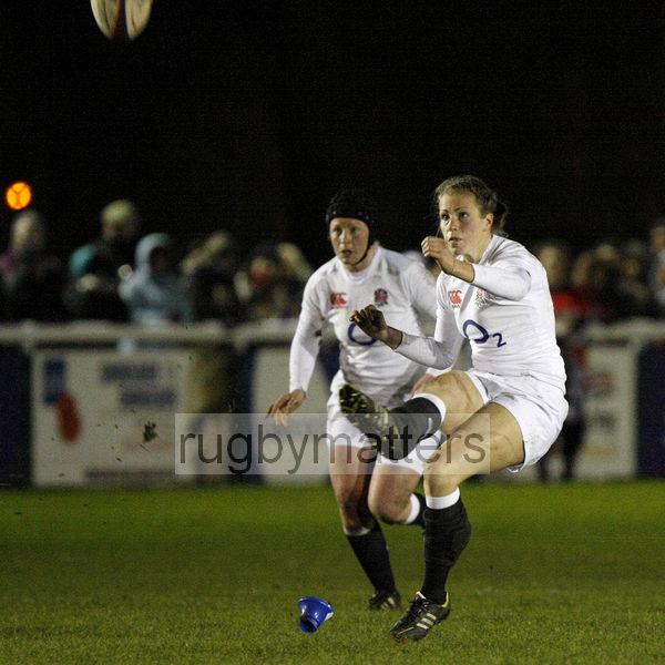 Emily Scarratt takes a penalty kick. England v New Zealand in Autumn International Series at Army Rugby Stadium, Aldershot, 27th November 2012.