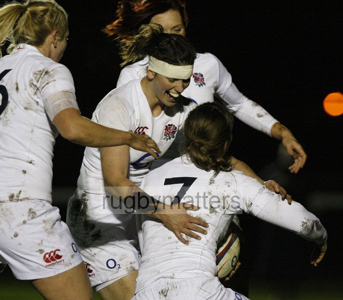 Sarah Hunter (Captain) celebrates with Hannah Gallagher after she scores a try. England v New Zealand in Autumn International Series at Army Rugby Stadium, Aldershot, 27th November 2012.