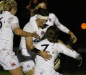 Sarah Hunter (Captain) celebrates with Hannah Gallagher after she scores a try. England v New Zealand in Autumn International Series at Army Rugby Stadium, Aldershot, 27th November 2012.