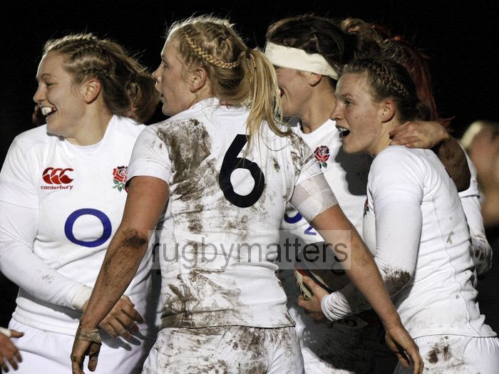Celebrations after Hannah Gallagher's try. England v New Zealand in Autumn International Series at Army Rugby Stadium, Aldershot, 27th November 2012.