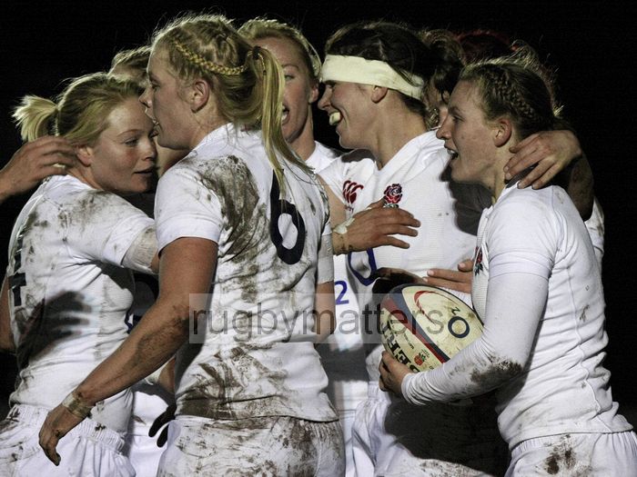 Celebrations after Hannah Gallagher's try. England v New Zealand in Autumn International Series at Army Rugby Stadium, Aldershot, 27th November 2012.