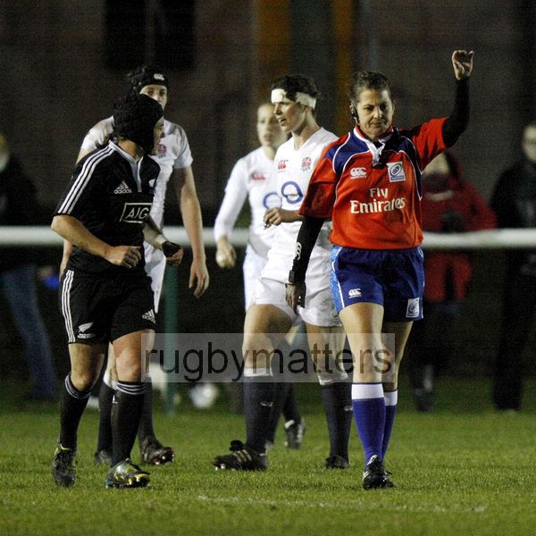 Referee Clare Daniels moves the Black Ferns back 10 metres for dissent. England v New Zealand in Autumn International Series at Army Rugby Stadium, Aldershot, 27th November 2012.